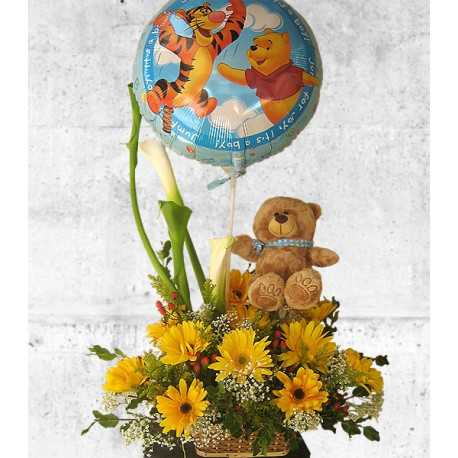 Canasta, 10 Gerberas, 4 Calas, Peluche y Globo (Niño)