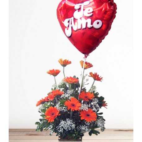 1 Base Madera, Follaje, 12 Gerberas, Globo (Te Amo)