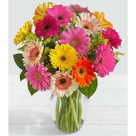1 Florero de Vidrio, 18 Gerberas Surtidas