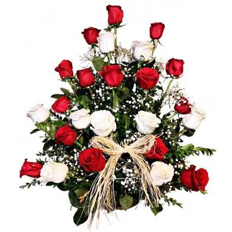 Canasta de 24 rosas rojas y blancas