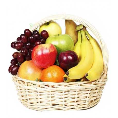 Canasta, 3 Plátanos, 1 Racimo de Uvas, 4 Manzanas, 3 Naranjas