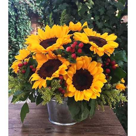 Balde Metálico con 10 Girasoles, Hypericum, Solidago