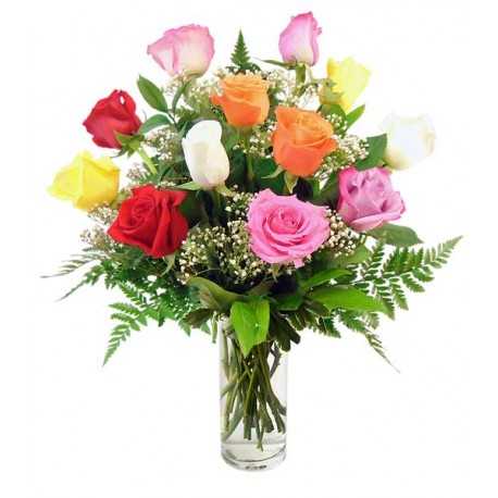 1 Florero de Vidrio, 12 Rosas Surtidas