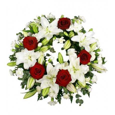 Corona Fúnebre, 5 Liliums, 5 Rosas y Maule