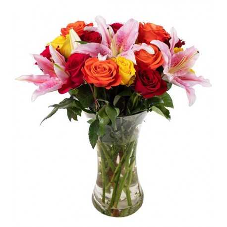 Florero con 15 Rosas y 6 Liliums