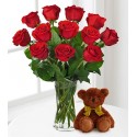 1 Florero de Vidrio, 12 Rosas + Oso de peluche