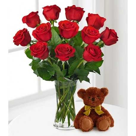 1 Florero de Vidrio, 12 Rosas + Oso de peluche